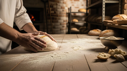 Artisan baker shaping bread dough at a wooden table in the bottom-left corner, wide empty flour-dusted surface and softly blurred bakery interior as negative space for promotional text.