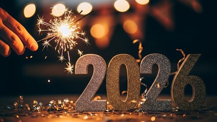 Hand holding a sparkling firework next to glittery 2026 numbers, celebrating New Years Eve with bokeh lights.