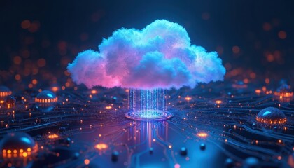 Digital cloud uploads data stream to glowing circuit board network. Abstract concept of cyber security, tech innovation, global data. Futuristic ai, internet.