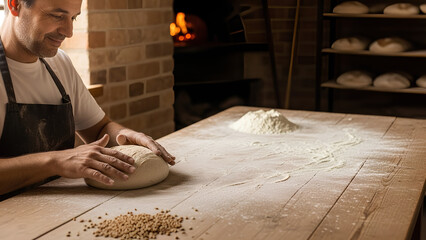 Artisan baker shaping bread dough at a wooden table in the bottom-left corner, wide empty flour-dusted surface and softly blurred bakery interior as negative space for promotional text.