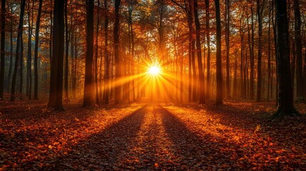 Fototapeta premium Sun flares through forest canopy in fall, illuminating the path, casting shadows, with brown foliage
