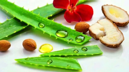 Aloe vera leaves with water droplets coconut pieces walnuts and a red flower symbolizing natural skin care herbal remedies organic beauty treatments and holistic wellness preparation on white backgrou