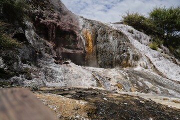 New Zealand Taupo Geothermal Park Steaming Mineral Rock Formation Beside