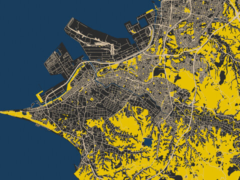 Decorative abstract map of Kimitsu, Japan, featuring matte charcoal landmass with pale cream street lines, bold yellow accents and navy-blue water shapes