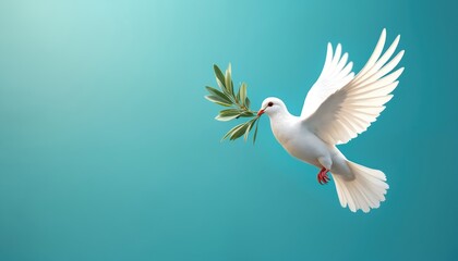 Fototapeta premium White dove carries green olive branch in beak, flies against clear blue sky. Symbolizes peace, hope, and new beginnings. Bird wings spread wide.