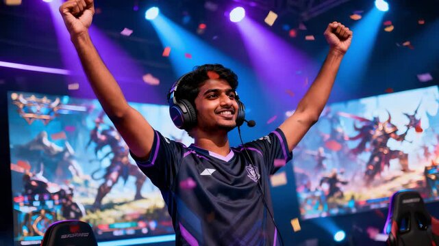 Enthusiastic male competitor engages fans during victorious moment