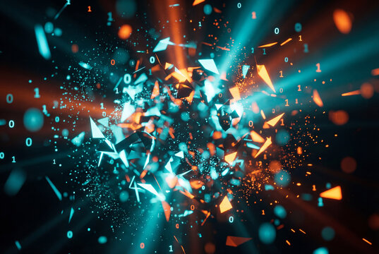 3d render of an explosion of digital particles and binary code fragments, visualizing chaotic yet elegant data with volumetric lighting and high contrast cyan and vibrant orange