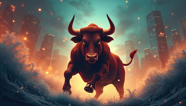 Bull charges through stormy sea before city skyline with bright lights. Concept of market boom economic growth financial success and trading. Intense powerful bull advances. - Powered by Adobe