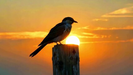 Bird silhouette perched on wooden post against vibrant orange sunset sky dramatic wildlife photography natural light golden hour peaceful nature scene avian subject twilight glow outdoor setting seren