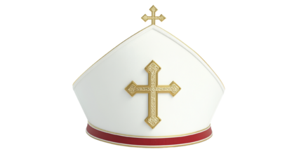 Detailed close-up of a ceremonial white mitre adorned with a golden cross
