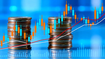 Financial growth concept showing stacks of coins overlaid with a blue background featuring orange and cyan candlestick charts and rising red and white trend lines symbolizing investment success and ma