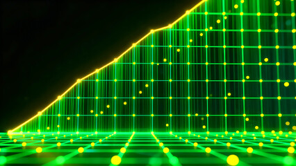 Digital data visualization chart showing upward trend line with glowing neon green grid and yellow data points representing financial growth technology progress and abstract performance metrics in a d