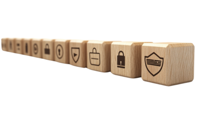 Wooden blocks featuring symbols related to cybersecurity and data protection concepts