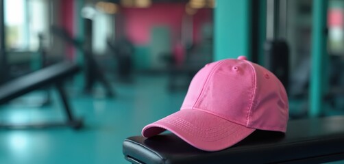 Pink baseball cap rests on black bench in gym. Workout equipment blurred background, turquoise and pink gym interior. Casual headwear for active lifestyle.