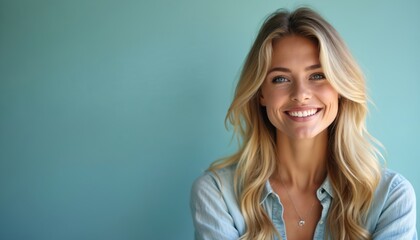 Attractive young blonde woman with blue eyes smiles warmly at camera, indoor studio portrait. Wears casual denim shirt, long wavy hair frames face, soft light features. Confident, serene expression.