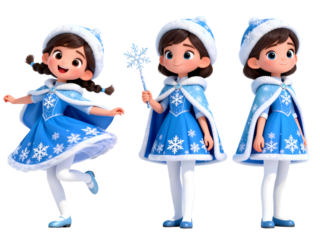 Smiling Cartoon Girls in Festive Blue Winter Costumes and Snowflake Motifs