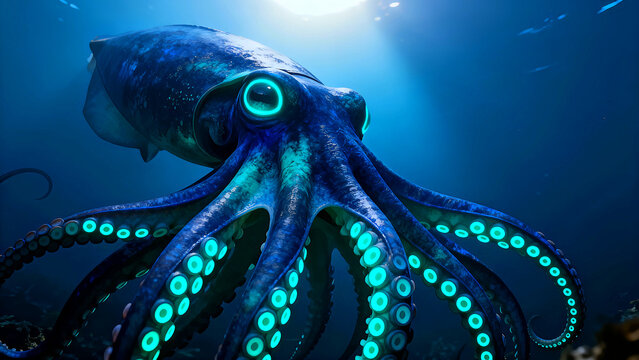 Bioluminescent giant squid or octopus creature swimming deep underwater with glowing blue eyes and neon green suckers illuminating the dark ocean abyss fantasy marine life concept art