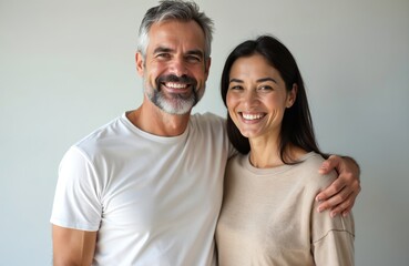 Fototapeta premium Mature happy couple smiles close together. Man has grey beard, woman has dark hair. They pose for photo indoors, showing affection and togetherness.
