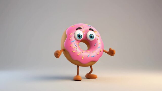 A cheerful, cartoonish donut with arms and legs dancing and giving a thumbs-up in a playful, animated pose
