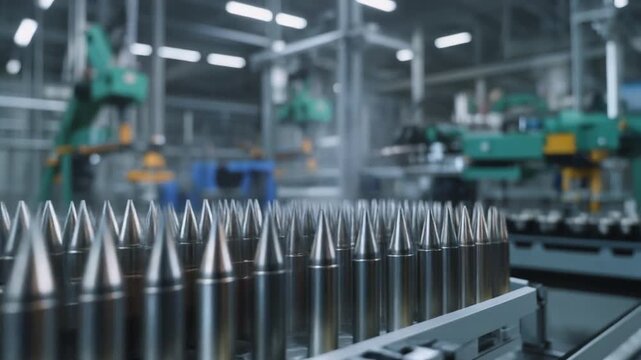 Shiny Metallic Projectiles Moving on Automated Production Line in Factory