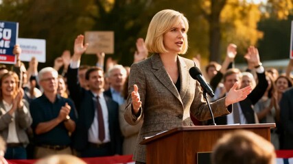 Female candidate addresses crowd with enthusiasm during campaign event