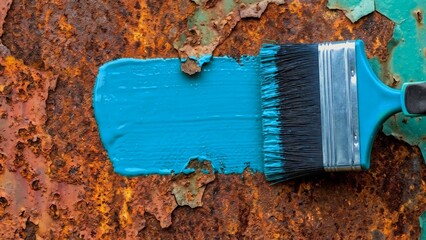 Rusty Metal Surface Being Painted Blue with Brush
