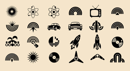 Retro Style Icons Collection Featuring Science Technology Transport and Abstract Shapes.