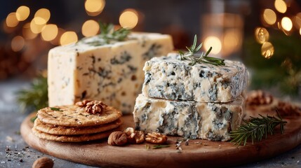 Modern British Christmas cheese board featuring Stilton, Cheddar, crackers, grapes, and nuts, arranged in a clean minimal table layout with subtle festive styling.