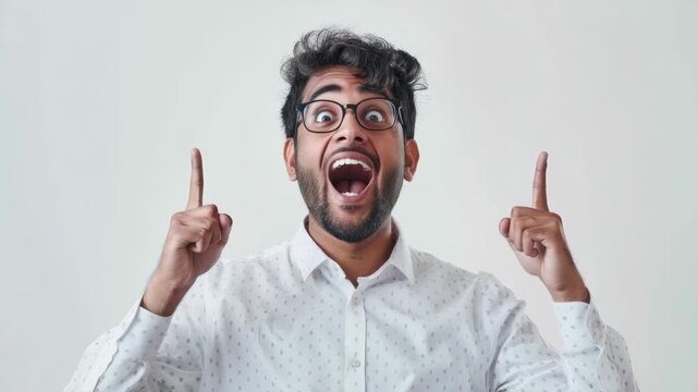 A man with a big smile on his face, pointing upwards as if he's seen something amazing or unexpected. He has glasses and is wearing a patterned shirt.