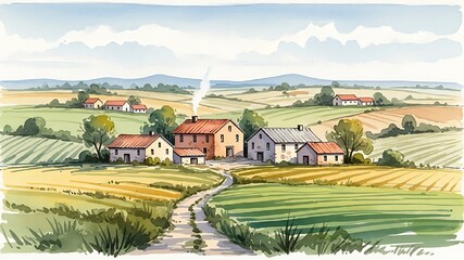 Watercolor farm landscape