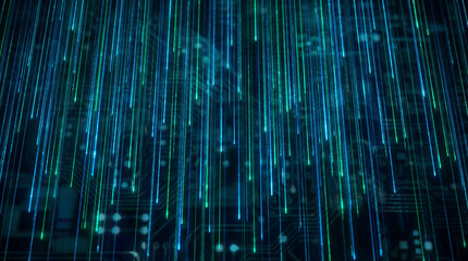 Abstract background of a falling data stream with vertical flowing streaks of fiber optic light, high-speed motion blur, and electric blue and emerald green neon glow