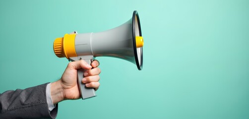Man in suit holds megaphone, signaling announcement. Person communicates loud message, calling attention. This visual signifies promotion, protest, or public speaking.