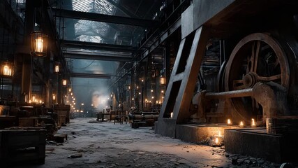 Abandoned industrial hall illuminated by flickering candlelight - Powered by Adobe