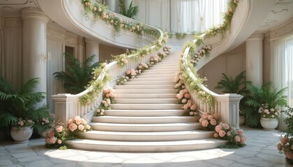 Grand white marble staircase with floral garlands of roses and greenery. Elegant interior with potted palms and large windows. Luxurious palace setting for celebrations or dreams.