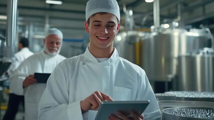Happy chef using tablet in a large industrial kitchen.