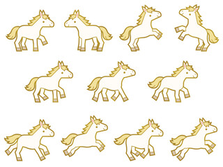 色々なポーズの金の線画付きの白馬のキャラクターイラストセット