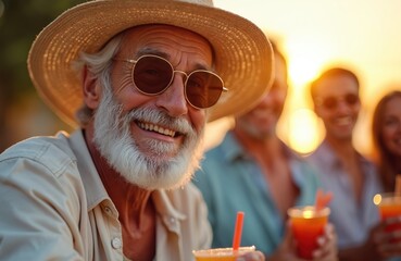 Elderly man with hat and sunglasses smiles brightly with friends holding drinks. Golden hour sunset light illuminates group enjoying summer vacation and good times together outdoors.
