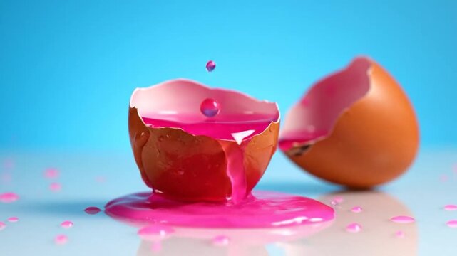 Bright pink liquid splash from eggshell dynamic fluid movement