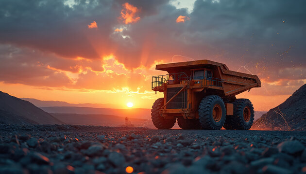Huge yellow mining truck drives on rocky terrain at sunset. Giant dump vehicle works in open pit mine. Industrial scene with heavy equipment under sky.