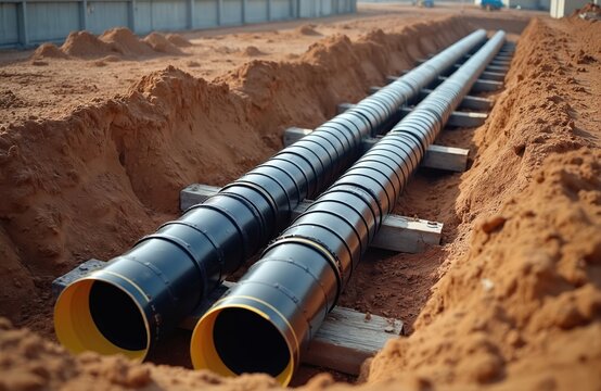 Two black pipes laid in dirt trench on wooden blocks. Construction work underway for new underground pipeline system, possibly for water sewage. Scene infrastructure development, utility installation.