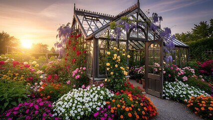 Enchanting greenhouse garden at sunset