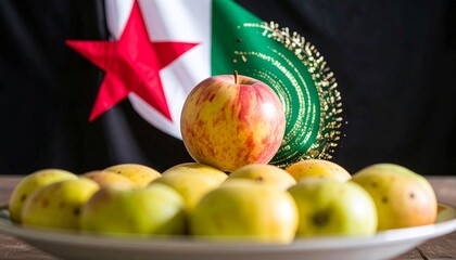 Apples in a plate with a flag background.