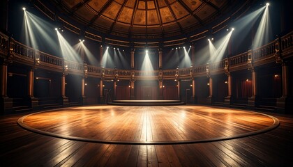 Empty Theater Stage with Lights, and Wood Floor.