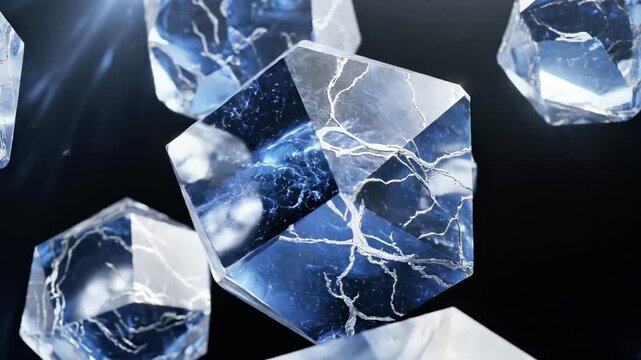Floating geometric crystalline structures with interior nebula-like formations, black background