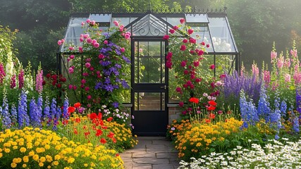 Enchanting greenhouse garden in bloom