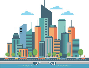 Obraz premium Flat design vector illustration of a modern city skyline with skyscrapers.
