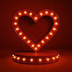 Glowing marquee heart sign with warm yellow bulbs sits centered on a circular red stage pedestal against a dark background