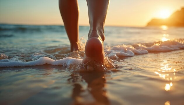 Woman walks barefoot on sandy beach near ocean waves at sunset. Peaceful seascape with golden light reflects on water. Lady enjoys summer vacation seaside.