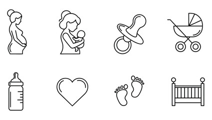 Pregnancy, Maternity, and Newborn Baby Care Outline Icons Collection – Essential Symbols for Parenthood Journey