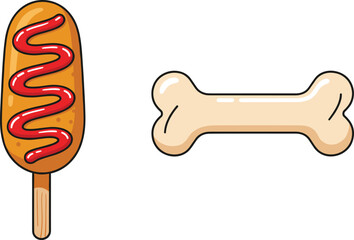 A fun, simple, and colorful vector cartoon illustration featuring two classic fair food icons: a delicious corn dog topped with bright red zig-zagging ketchup